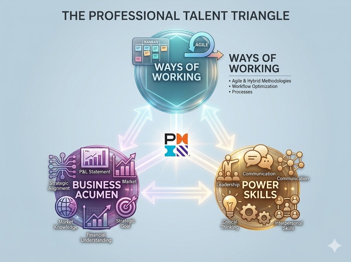 The three competency domains of an effective project manager: Ways of Working, Power Skills, and Business Acumen.